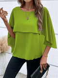Women's all-match round neck solid color layered cape sleeve chiffon shirt 