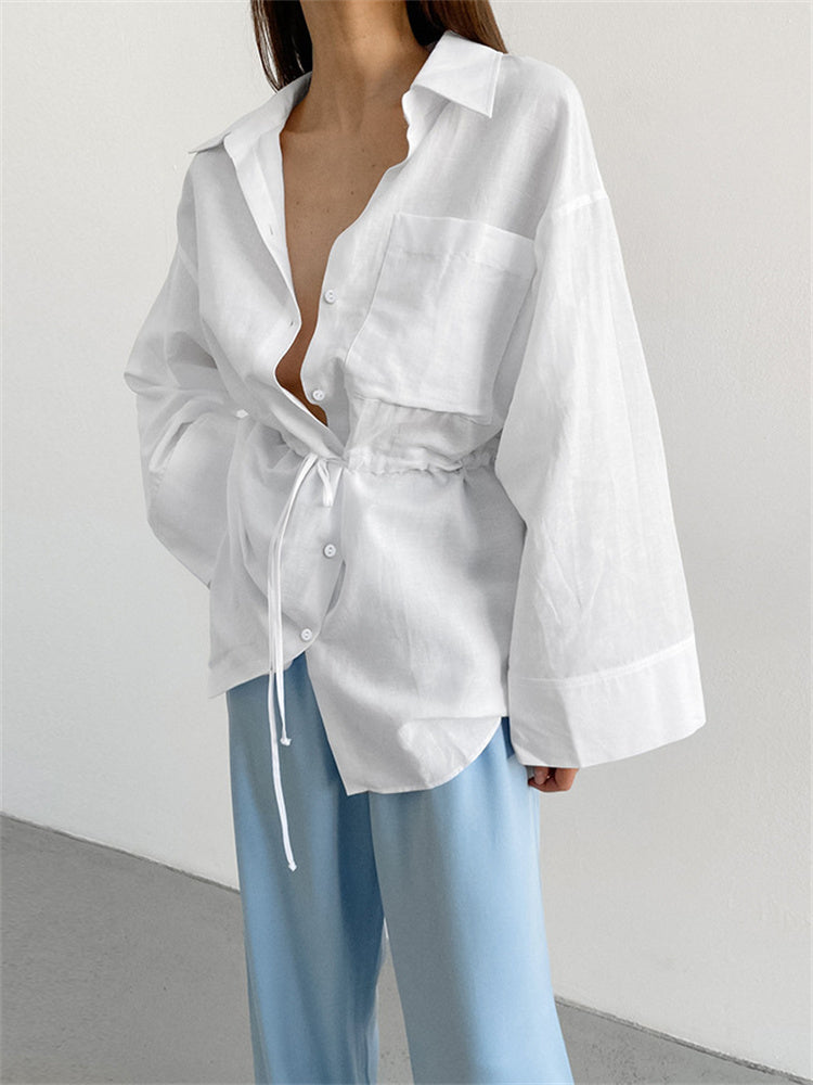 Tossy White Lace-up Shirts Outwear ’s Long Sleeve Patchwork Bandage Cardigan Clothes Female Blouse Coat New