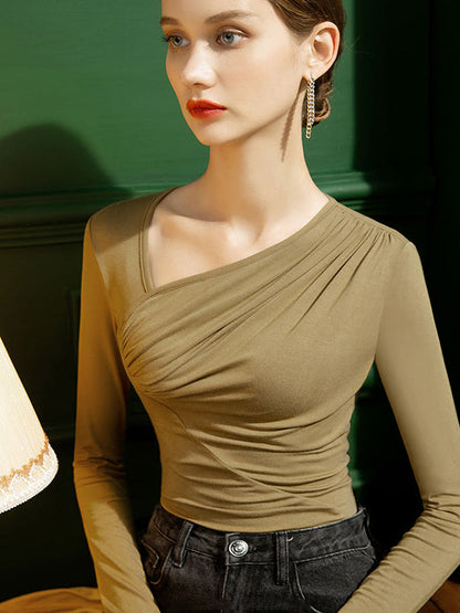 Skinny Long Sleeves Pleated Color T-shirts Tops