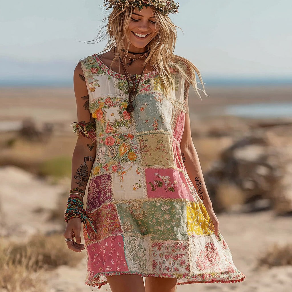 Women's Vintage Bohemian Floral Panel Sleeveless Dress elevenforest