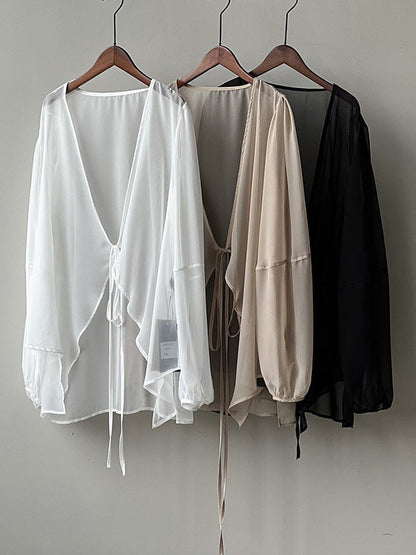 Bishop Sleeve Long Sleeves See-through Split-joint Tied Collarless Blouses&shirts Tops