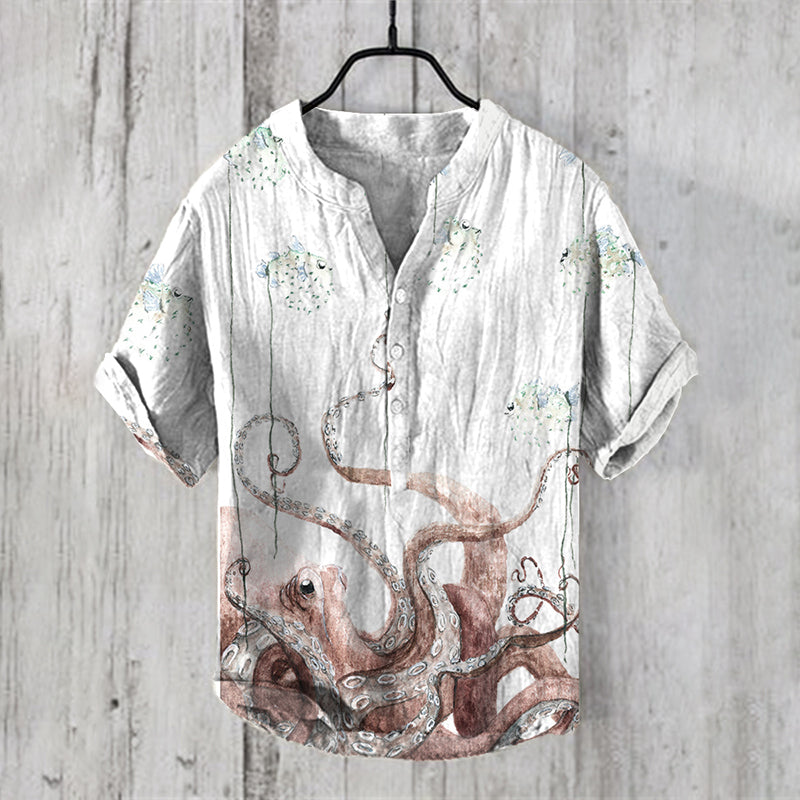 Japanese Octopus Rabbit Fish Watercolor Art Casual Linen Blend Shirt elevenforest