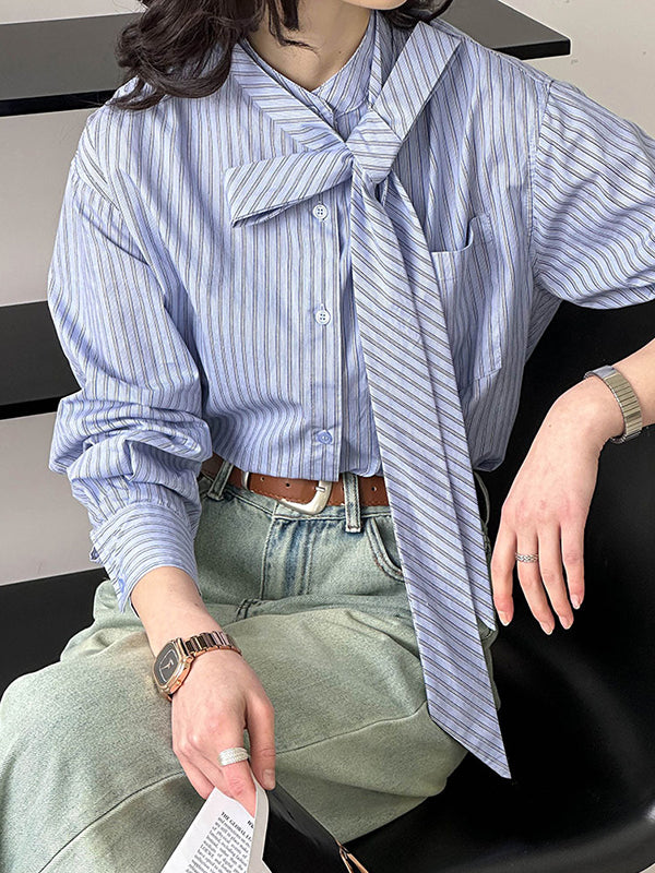 Long Sleeves Loose Buttoned Pockets Striped Tied Mock Neck Blouses&shirts Tops