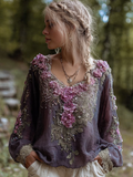 Bohemian Style Round Neck Long Sleeve 3d Purple Flower Design Cotton And Linen Top For Women elevenforest