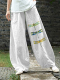 Women's Casual Watercolor Dragonfly Cotton Blend Print Pants elevenforest