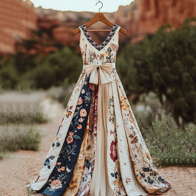 Vintage Floral Patchwork Art Linen Tank Midi Dress elevenforest