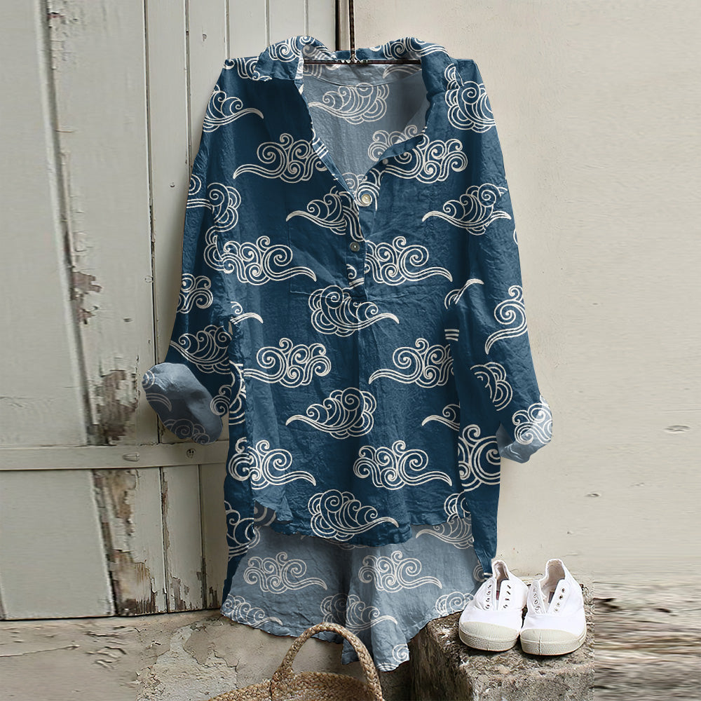 Japanese Art Cloud Print Long Sleeve Casual Shirt elevenforest