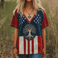 Comstylish Independence Day American Flag With Tree Of Life Embroidery Women's Linen V-neck T-shirt