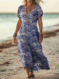 Women's Japanese Art Inspired Wave Print Linen Blend Dress elevenforest