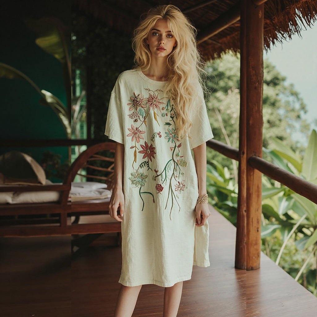 Women's Boho Floral Embroidery Art Midi Dress elevenforest