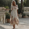 Women's Vintage Pink Rose Gradient Pattern Linen Crew Neck Dress elevenforest
