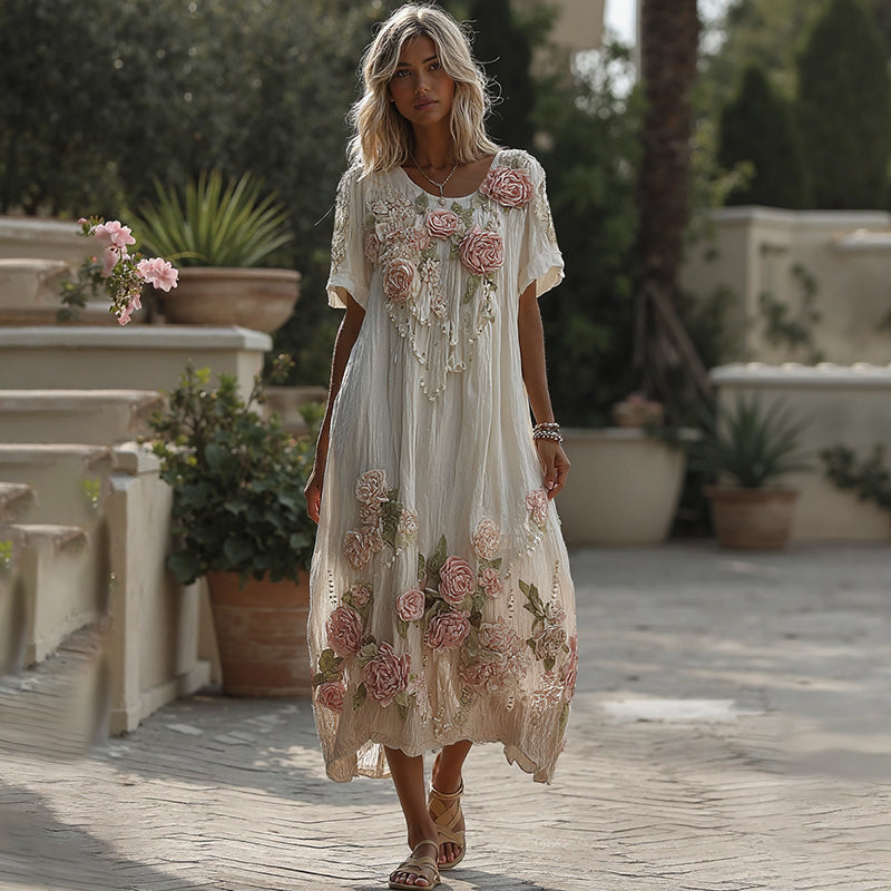 Women's Vintage Pink Rose Gradient Pattern Linen Crew Neck Dress elevenforest