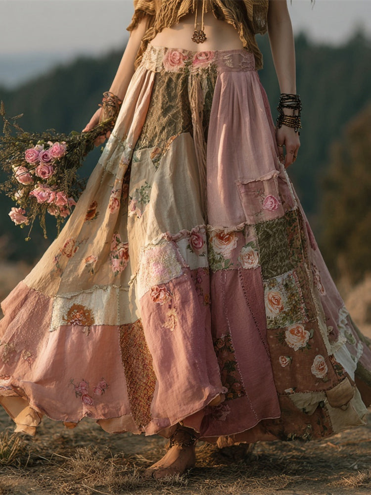 Vintage Boho Floral Patchwork Art Women's Flowing Maxi Dress elevenforest