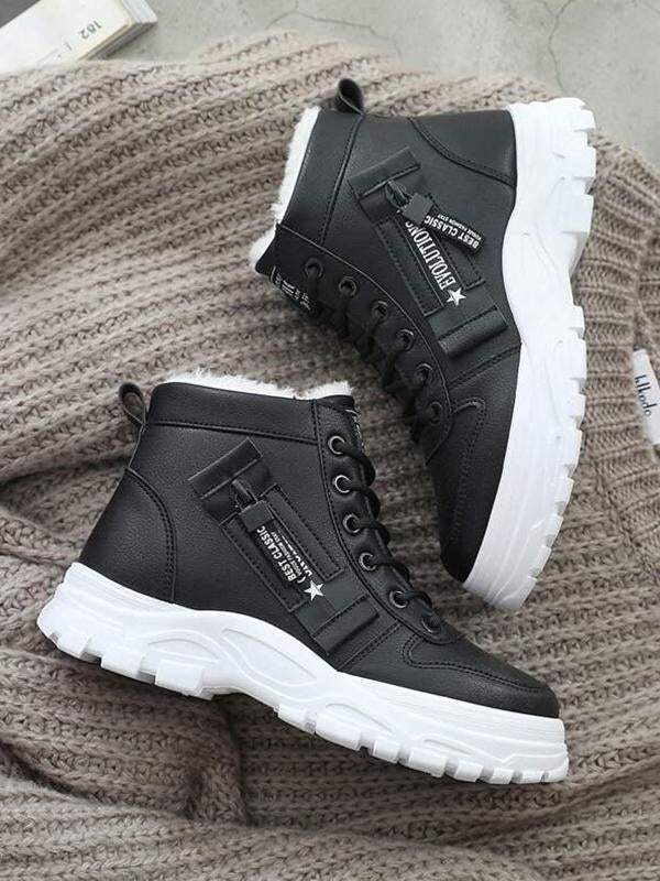 Lace-up Round Toe Sport With Warm Plush Snow Boots