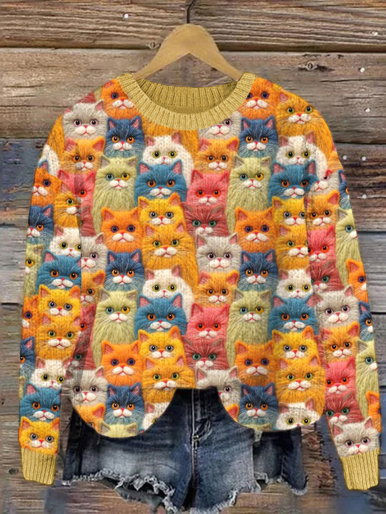 Colorful Cats Pattern Cozy Knit Sweater elevenforest