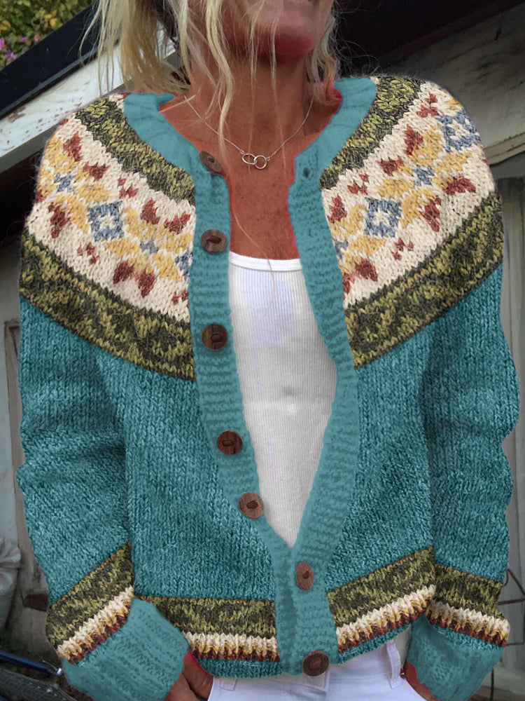 Vintage Icelandic Pattern Art Print Cozy Button Sweater elevenforest