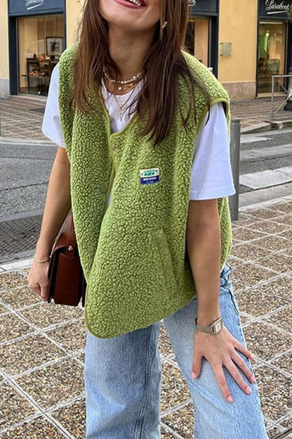Street Pocket Buttons Fluffy O Neck Waistcoats(3 Colors)