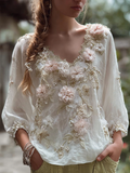 Bohemian Style Three-dimensional Flower Pattern Women's V-neck Long-sleeve Cotton And Linen Shirt elevenforest