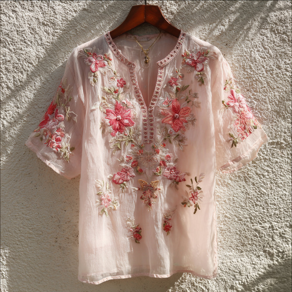 Breast Cancer Awareness Flower 3d Embroidery Flower V-neck Short Sleeve Top elevenforest