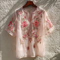 Breast Cancer Awareness Flower 3d Embroidery Flower V-neck Short Sleeve Top elevenforest
