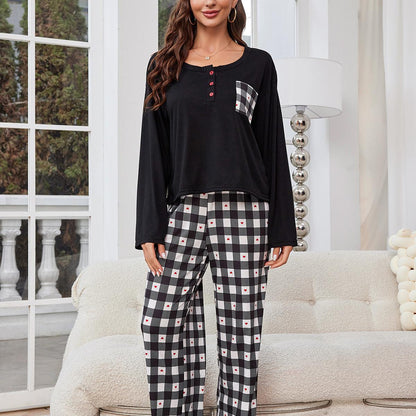 Pajamas Spring Autumn Plaid Long Sleeve Cardigan Homewear Two Piece Set