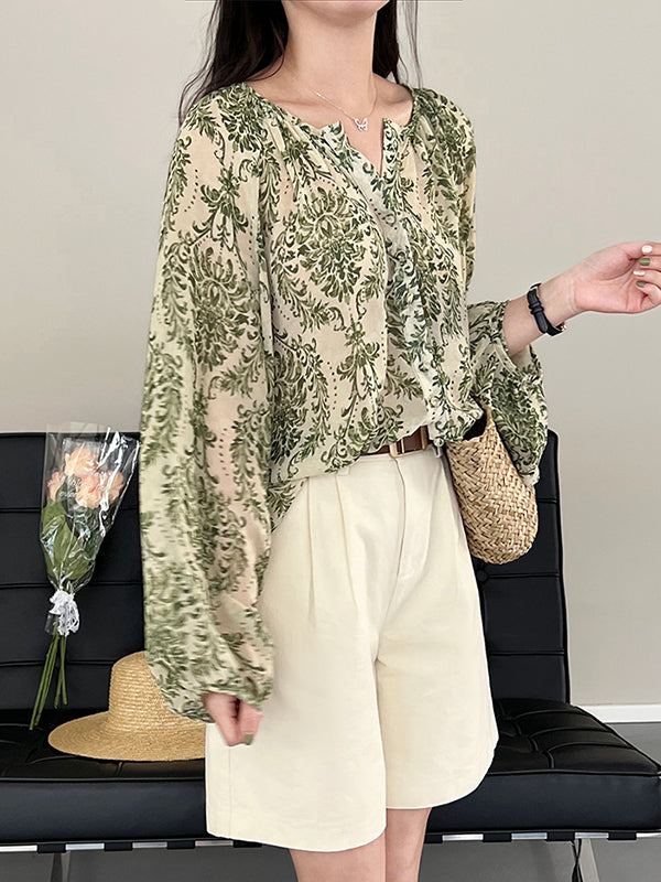 Loose Printed Sun Protection Balloon Sleeves V-neck Blouses
