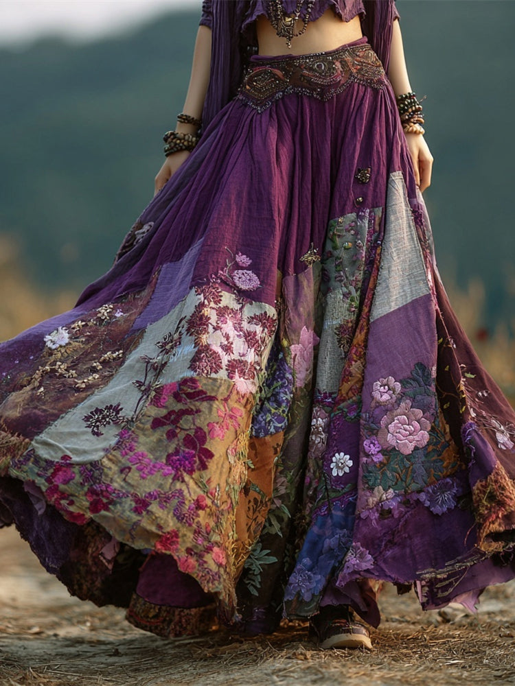 Boho Floral Patchwork Vintage Art Women's Linen Flowy Maxi Dress elevenforest