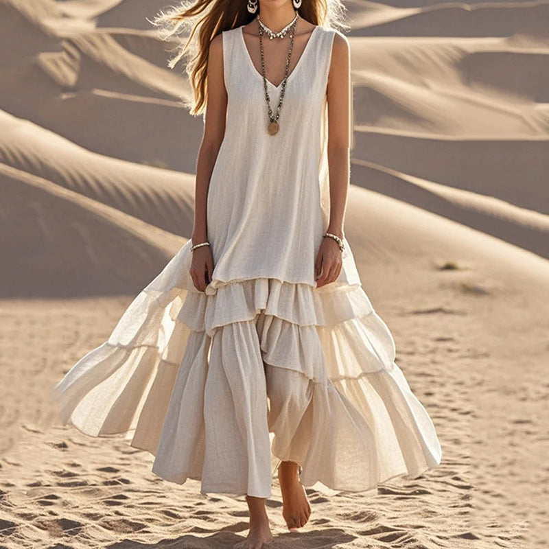 Women's White Exra Large Hem Cotton Sleeveless Spring Maxi Dress elevenforest