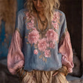 Boho Floral Embroidery Art Women's Long Sleeve Shirt elevenforest