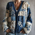 Vintage Floral Japanese Sashiko Colorblock Cozy Knit Cardigan elevenforest