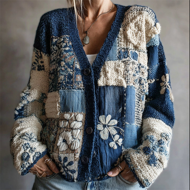 Vintage Floral Japanese Sashiko Colorblock Cozy Knit Cardigan elevenforest