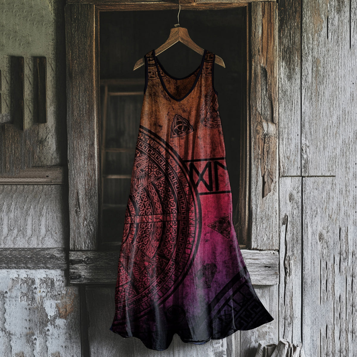 Women's Vintage Viking Totem Color Gradient Art Comfort Dress elevenforest