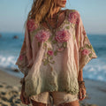 Women's Vintage Rose Gradient Art V Neck Linen Comfy T-shirt elevenforest