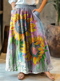 Women's Watercolor Sunflower Hippie Art Print Cotton Skirt elevenforest