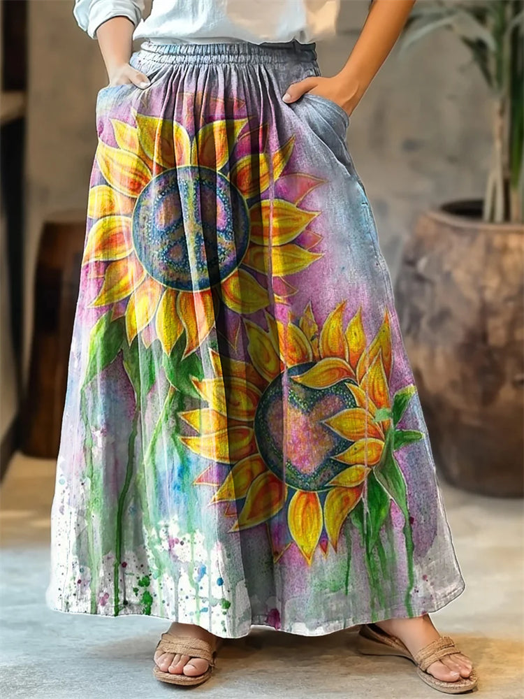 Women's Watercolor Sunflower Hippie Art Print Cotton Skirt elevenforest