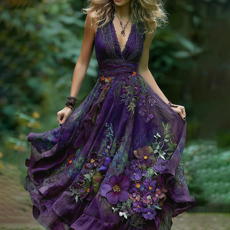 Vintage Embroidered Pansy Floral Vest Maxi Dress elevenforest