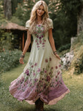 Boho Floral Embroidery Gradient Women's Linen Short Sleeve Maxi Dress elevenforest