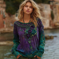 Women's Vintage Rose Floral Pattern Comfortable Warm Crew Neck Sweatshirt elevenforest