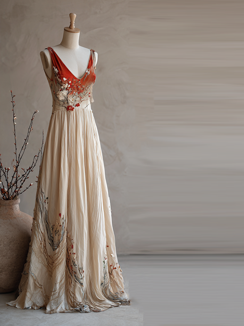 Women's Vintage Cherry Blossom Embroidery Gradient Sleeveless Dress elevenforest