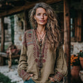 Women's Vintage Vacation Boho Tribal Ethnic Print V-neck Linen Blend Tops elevenforest