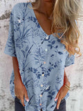Women's Elegant Floral Pattern Shirt Style Cotton and Linen Top