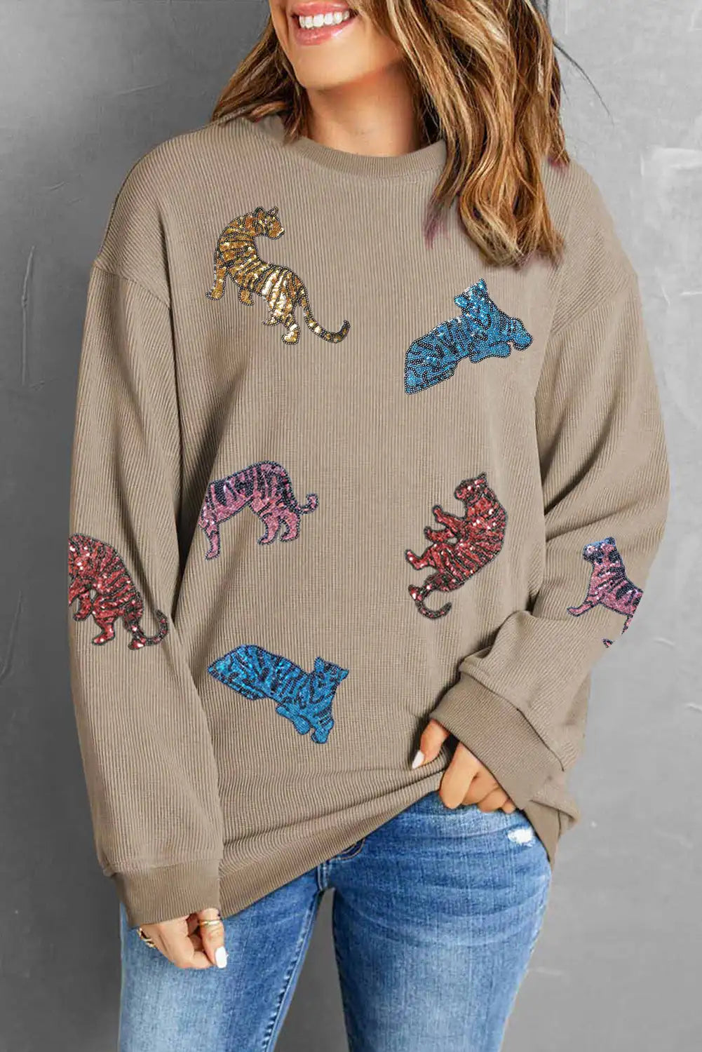 Khaki Sequin Animal Print Sweatshirt