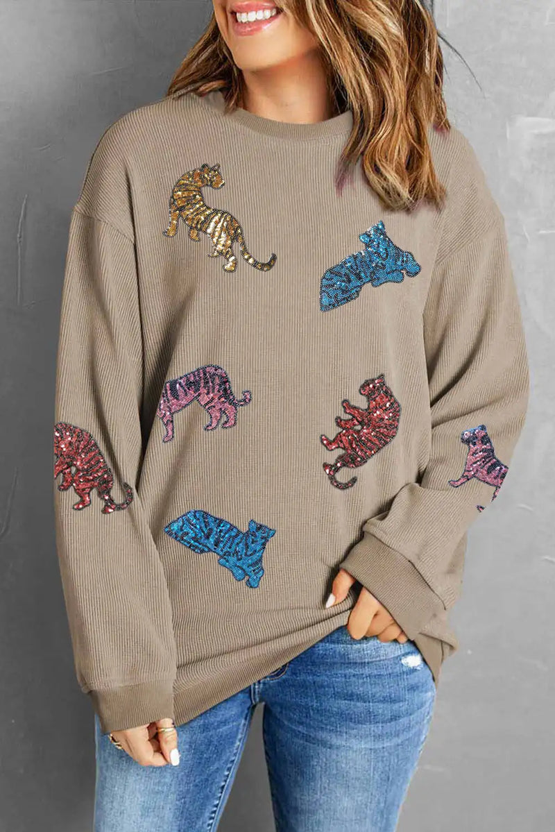 Khaki Sequin Animal Print Sweatshirt