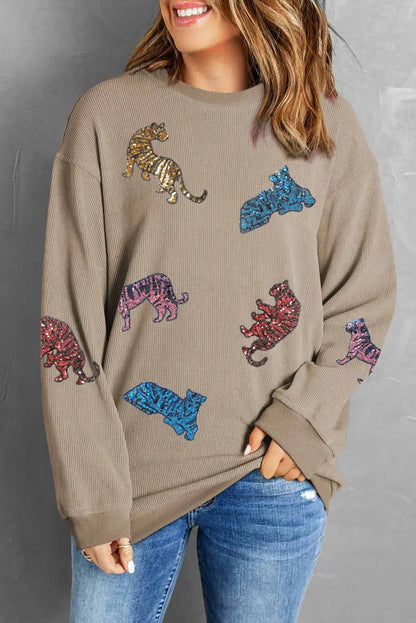 Khaki Sequin Animal Print Sweatshirt