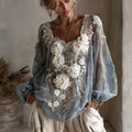 Women's Vintage White Rose Embroidery Casual Shirt elevenforest