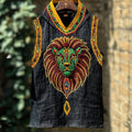 Men's African Tribal Rasta Lion Folk Embroidered Hooded Linen Vest elevenforest