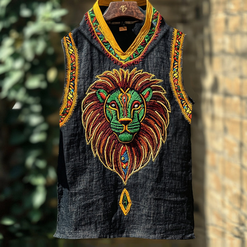 Men's African Tribal Rasta Lion Folk Embroidered Hooded Linen Vest elevenforest