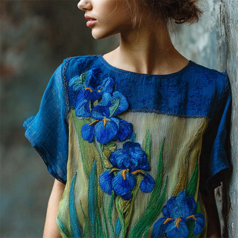 Oil Painting Irises Embroidered Contrast Patchwork Linen Tunic elevenforest