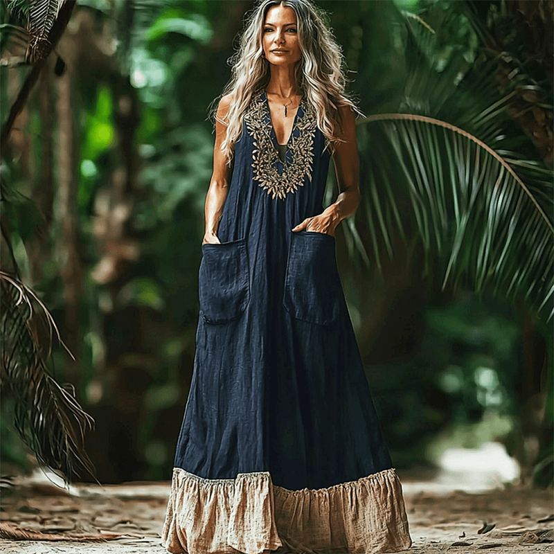Women's Elegant Bohemian Casual Sleeveless Linen V-neck Maxi Dress elevenforest
