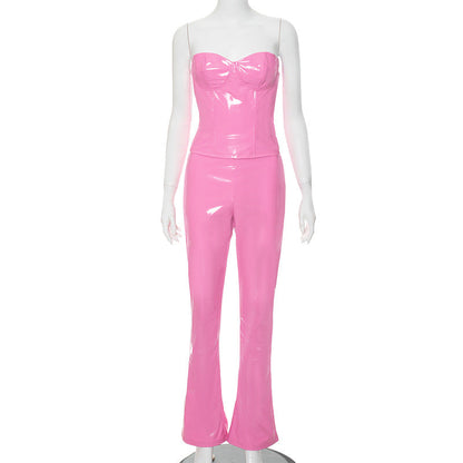’s Spring Leather Boning Corset Tube Top & Bootcut Pants Suit